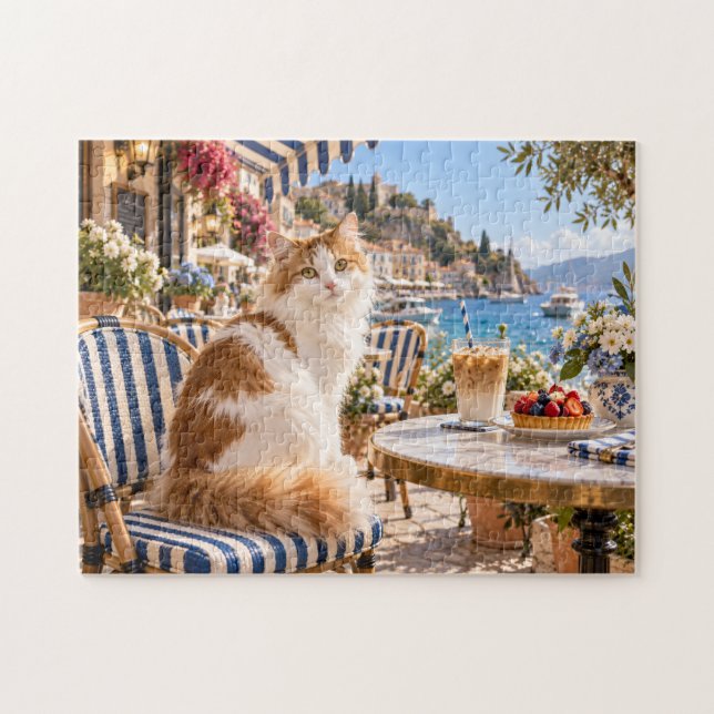 Küstencafé mit Katze am Meer mit Eiskaffee (Horizontal)