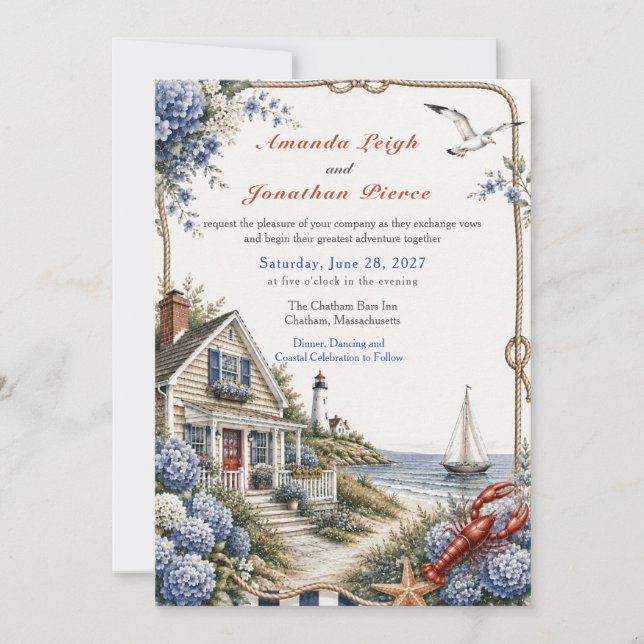 Küstencape Cod Hydrangeen Cottage-Hochzeit  Einladung (Vorderseite)
