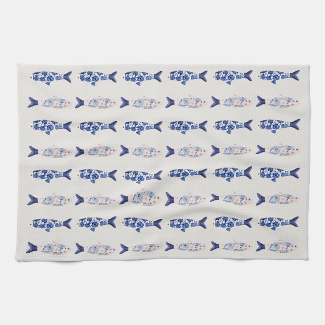 Küstendesign Duschvorhang mit Blauem Fischmuster Geschirrtuch (Horizontal)