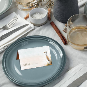 Küstenehe im Boho-Stil mit weißem Silberreiher Platzkarte