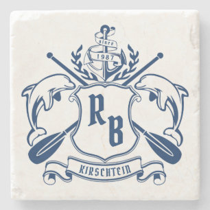 Küstenemblem-Delphin-Anker-Ruder-Schild nautisch Steinuntersetzer