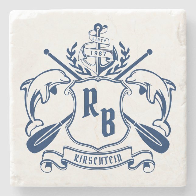 Küstenemblem-Delphin-Anker-Ruder-Schild nautisch Steinuntersetzer (Vorderseite)