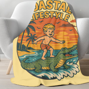 Küstengator Alligator Surfen   Retro Surf Strand Fleecedecke