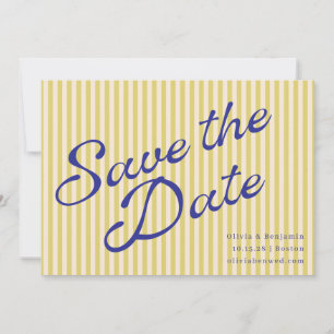 Küstengelb Blaue Retro-Streifen Hochzeitsmanuskrip Save The Date