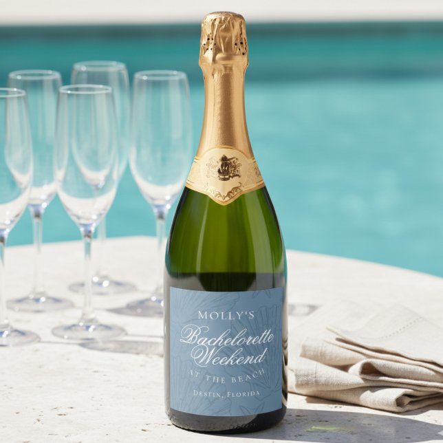 Küstengestaltete Blaue Muschel-Junggesellinnenabsc (Coastal Blue Seashell Bachelorette Favor Sparkling Wine Label)