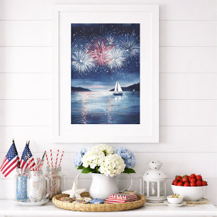 Küstengestaltung mit Segelboot zum 4. Juli Feuerwe Poster