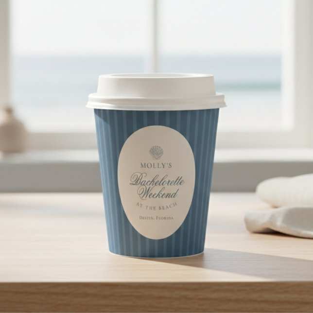 Küstengestreifte Jungferndame Pappbecher (Coastal Blue Stripe Bachelorette Paper Cups)