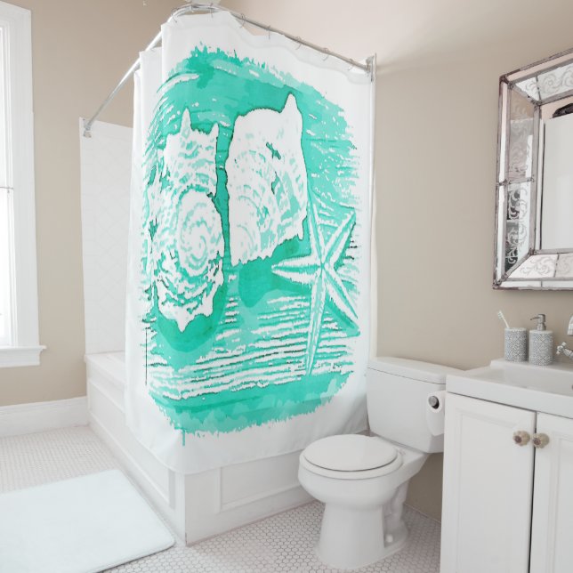 Küstengewässerfarbe aquamarine Muschelstäbchen Duschvorhang (Beispiel)