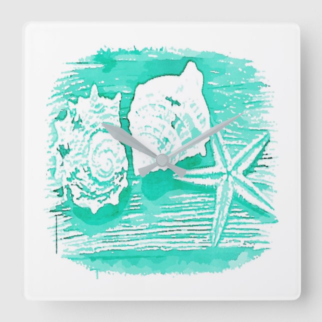 Küstengewässerfarbe aquamarine Muschelstäbchen Quadratische Wanduhr (Vorderseite)