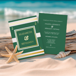 Küstengold Weiß Grüne Streifen Maritime Hochzeit Folieneinladung