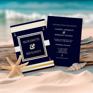 Küstengold Weiß Marineblau Nautische Hochzeit Folieneinladung