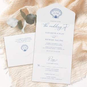 Küstengrün Strand Muschel Monogramm Hochzeit All In One Einladung