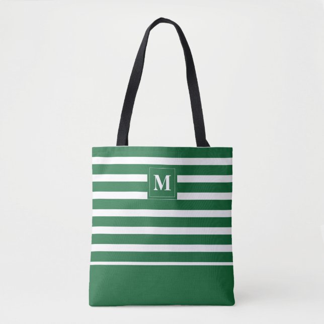 Küstengrün-weiß-gestreiftes Strandmonogramm Tasche (Vorderseite)