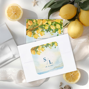 Küstengrün & Zitronen-Aquarell-Monogramm-Hochzeit Quadratischer Aufkleber