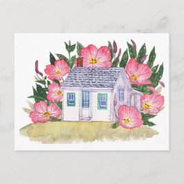 Küstenhaus und rosa Wildblumen-Postkarte Postkarte