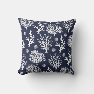Küstenkorallen und Seashells Navy Blue Kissen