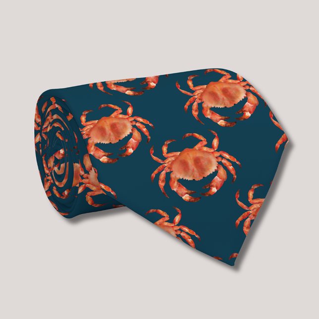 Küstenkrabben-Muster Krawatte (Brown crab tie on navy blue background. Coatal Chic Clothing)