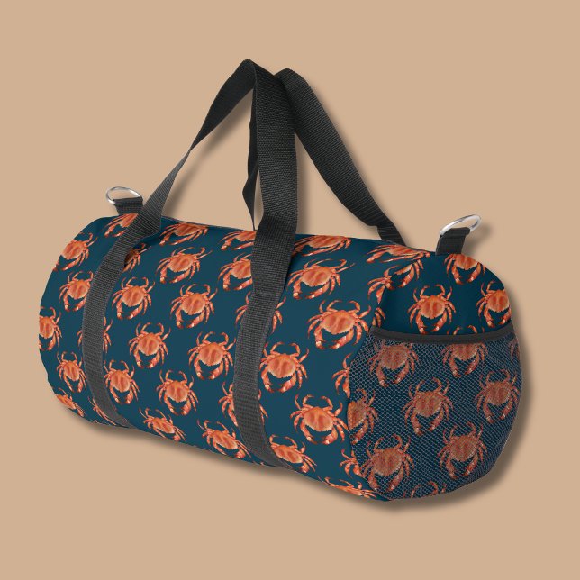 Küstenkrabbenmuster Duffle Bag (Brown Crab pattern dufffel bag with navy blue background)