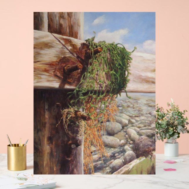 Küstenlandschaft mit Kies und verwittertem Holz. Acrylschild (Hochzeit)