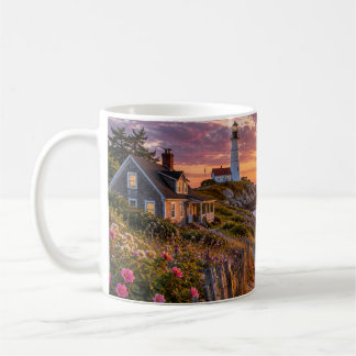 Küstenleuchtturm-Sonnenuntergang – Seaside Cottage Kaffeetasse