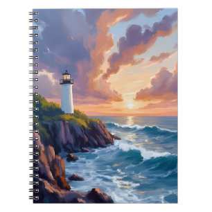 Küstenleuchtturm Sonnenuntergang   Strand Ozean Ma Notizblock