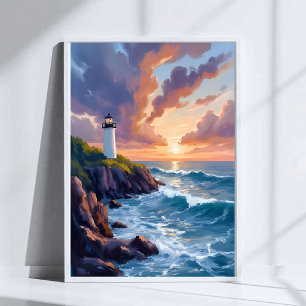 Küstenleuchtturm Sonnenuntergang   Strand Ozean Ma Poster