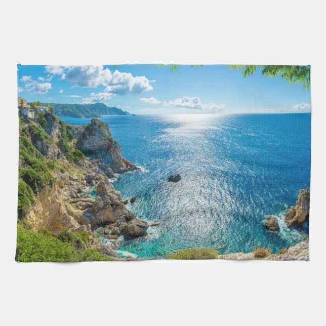 Küstenlinie | Palaiokastritsa, Korfu, Griechenland Geschirrtuch (Horizontal)