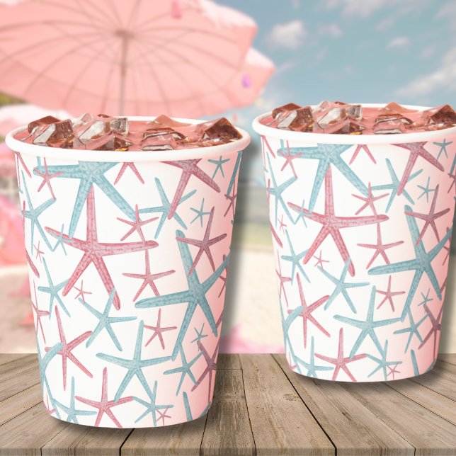 Küstenlinie tropischer Sommer Beach Muster Pappbecher (Teal Pink Coastal Tropical Starfish Summer Beach Paper Cups)