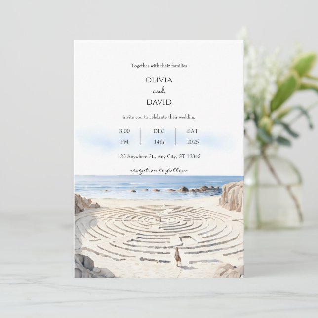 Küstenmeer Labyrinth bei Hochzeit am Meer Einladung (Stehend Vorderseite)