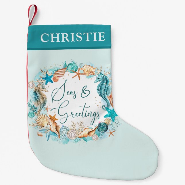 Küstenmeere und GREETINGS Türkis Personalisiert Kleiner Weihnachtsstrumpf (Vorderseite)