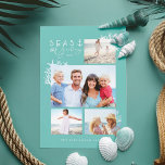 Küstenmeere und Grüße Aquamariner Ozean-Foto-Rahme Feiertagskarte<br><div class="desc">Wer braucht Schneeflocken, wenn man Muscheln hat? Capture a cool nautic lässig und Küsten-Flair dieses Ferien-Seesohn mit unserer Küste inspiriert Weihnachtskollektion. Mit drei Fotomasken mit Muscheln, Korallen, Seepferd und Seestern. "Seas & Greetings" wird mit einem Schiffsanker mit aquamarinem Hintergrund im Ozean angezeigt. Auf der Rückseite befindet sich unser handgemaltes Ozeanseashellmuster....</div>