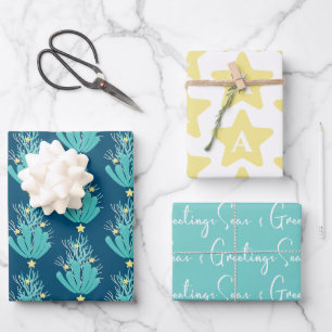 Küstenmeere und Grüße Korallen mit anfängliche Geschenkpapier Set