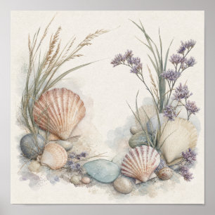 Küstenmuscheln und Meerlavendel Quadratische Wandk Poster