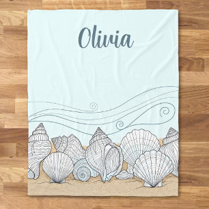 Küstenmuscheln und Ozeanwellen Linienstil Grafik Fleecedecke