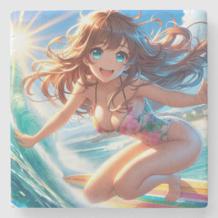 Küstennahes/nautisches/tropisches Anime-Surfer-Mäd Steinuntersetzer