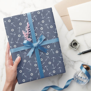 Küstennavigations Kleine Anker auf Marineblau gewo Geschenkpapier