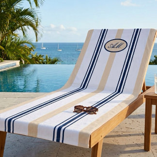 Küstennavyblau und sandbraune Streifenmonogramm Strandtuch
