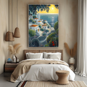 Küstenort bei Sonnenuntergang im Pointillismus-Sti Poster