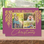 Küstenpalmen Foto Collage Weihnachten<br><div class="desc">Drei Fotos mit Imitaten goldenen Palmenfronten aus Glitzer auf einem Himbeerrosa Hintergrund (siehe mehr Farben in unserem Geschäft), diese Weihnachtsfotos Weihnachtskarten haben "It's A Wonderful Life", oder jeden Gruß, den Sie wählen, und Ihre Namen unten in schicker Schrift. Wählen Sie Matte für schwerstes Papier und High Definition für beste Auflösung...</div>