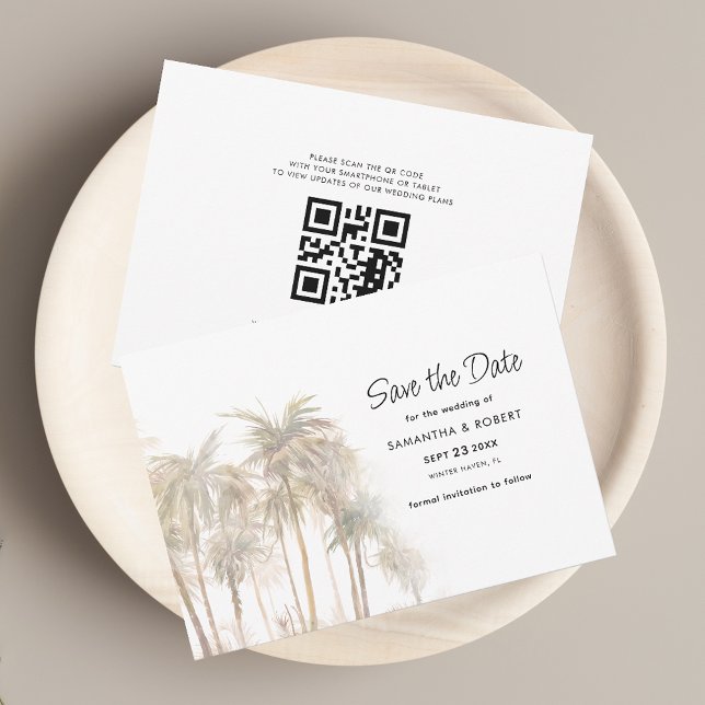 Küstenpalmen und QR-Code-Hochzeit Save The Date (Palm Trees QR Code Wedding Save the Date Announcement Horizontal Card)