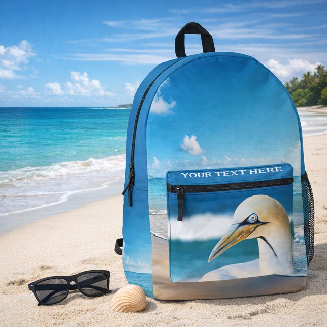Küstensandstrandfoto eines Basstölpels Bedruckter Rucksack (Turquoise blue tropical beach gannet photo personalized backpack)