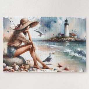 Küstensandstrandmädchen und Leuchtturm