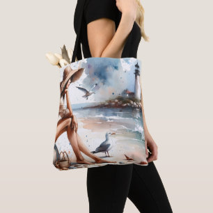 Küstensandstrandmädchen und Leuchtturm Tasche
