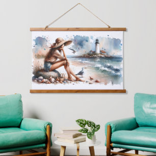 Küstensandstrandmädchen und Leuchtturm Wandteppich Mit Holzrahmen