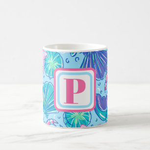 Küstenschalen & Krabben Monogramm Hellblau Kaffeetasse