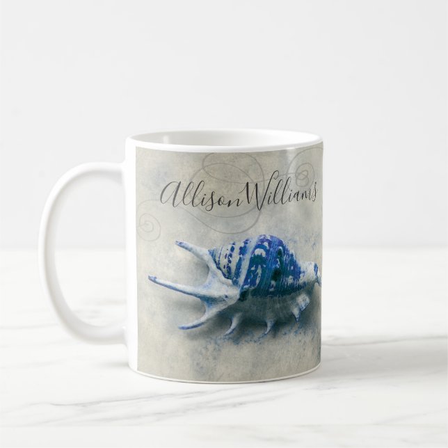Küstenseashell-Indigo-Blau-mit Monogramm Name Kaffeetasse (Links)