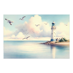 Küstensee-Leuchtturm-Möwen Pastellhimmel Gelassenh Fotodruck