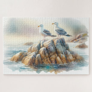 Küstenseemöwen-Aquarell-Seelandschaft