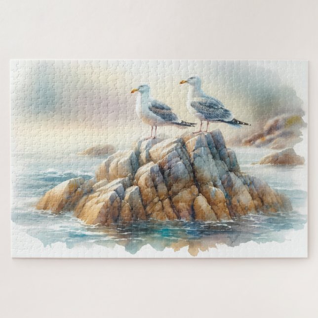 Küstenseemöwen-Aquarell-Seelandschaft (Horizontal)