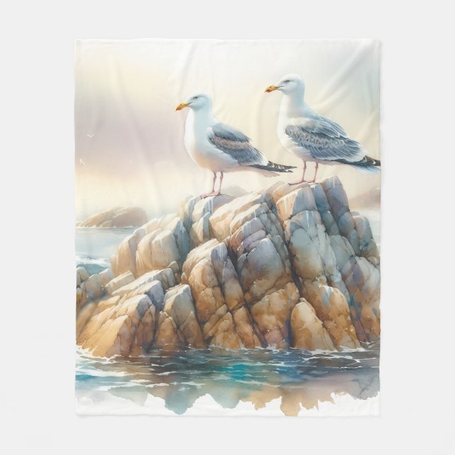 Küstenseemöwen-Aquarell-Seelandschaft Fleecedecke (Vorderseite)